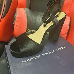 French Connection Black Velvet Platform Block Heel Sandals